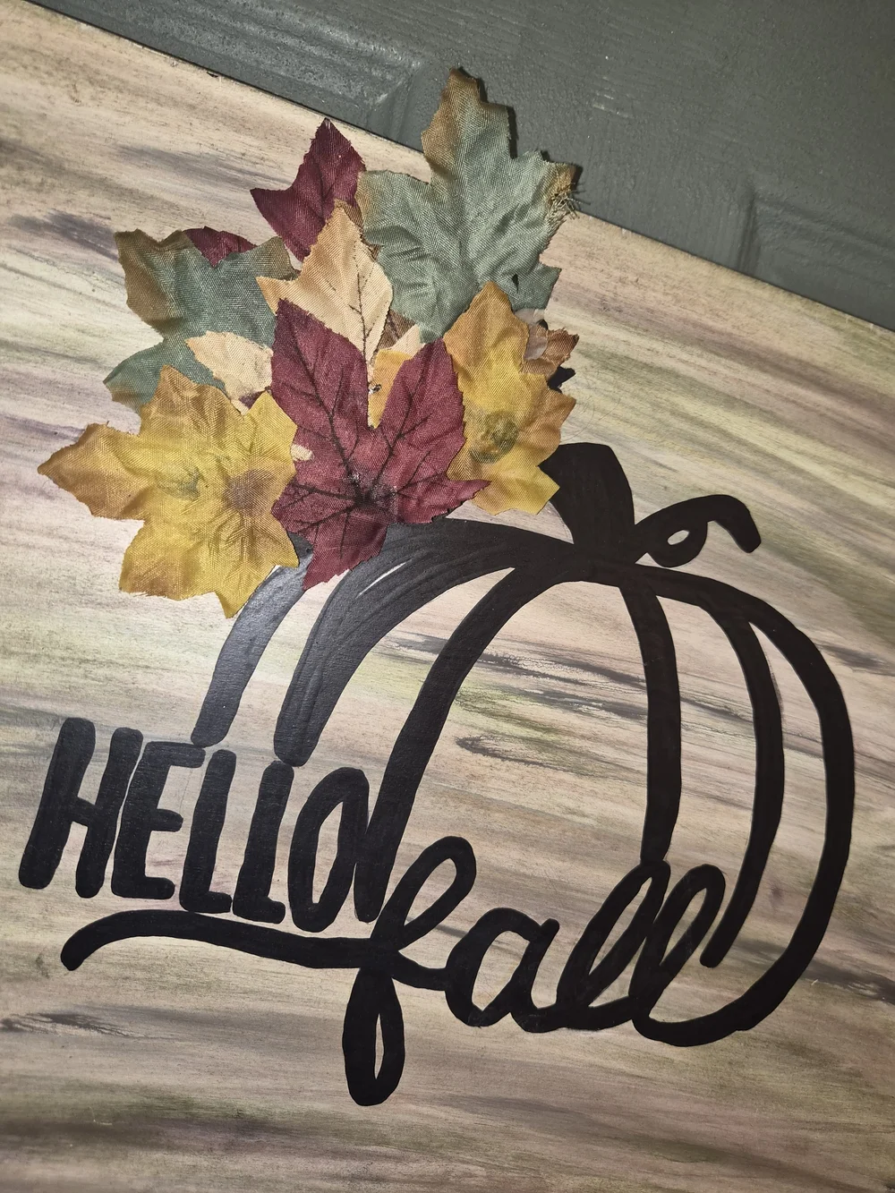 Hello Fall Pumpkin Wall Sign in Black and Autumn Leaf Colors